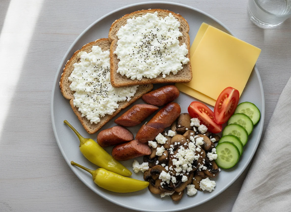 Breakfast platter with toast, sausages, and vegetables photo