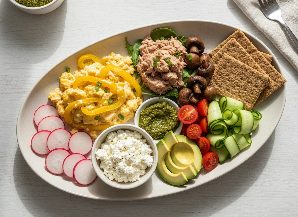 Breakfast Platter with Tuna and Scrambled Eggs photo