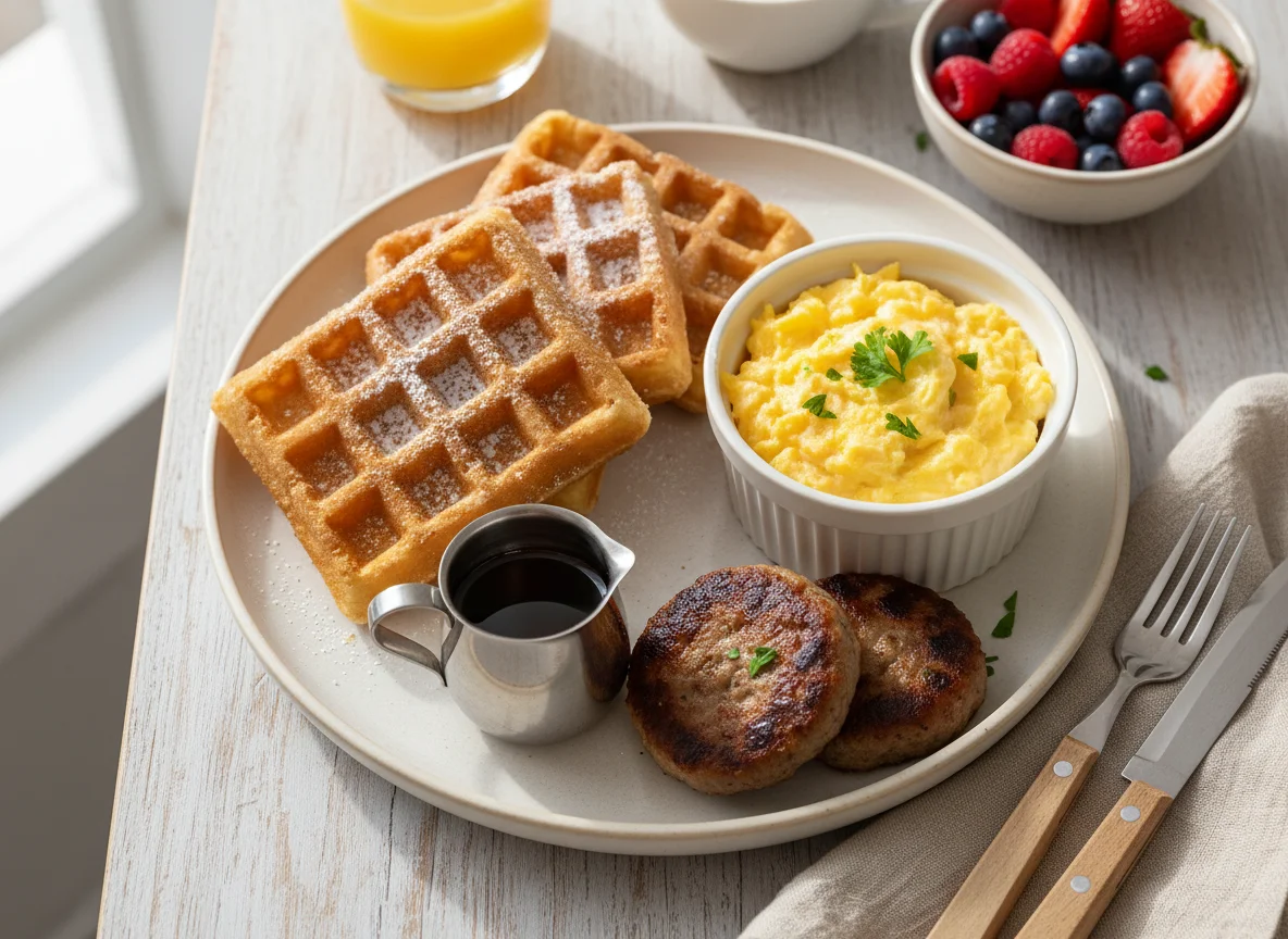 Breakfast Platter with Waffles, Eggs, and Sausage photo