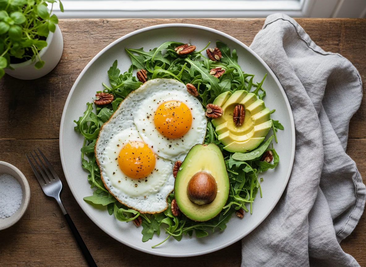 Breakfast Salad with Eggs, Avocado, Arugula, and Pecans photo