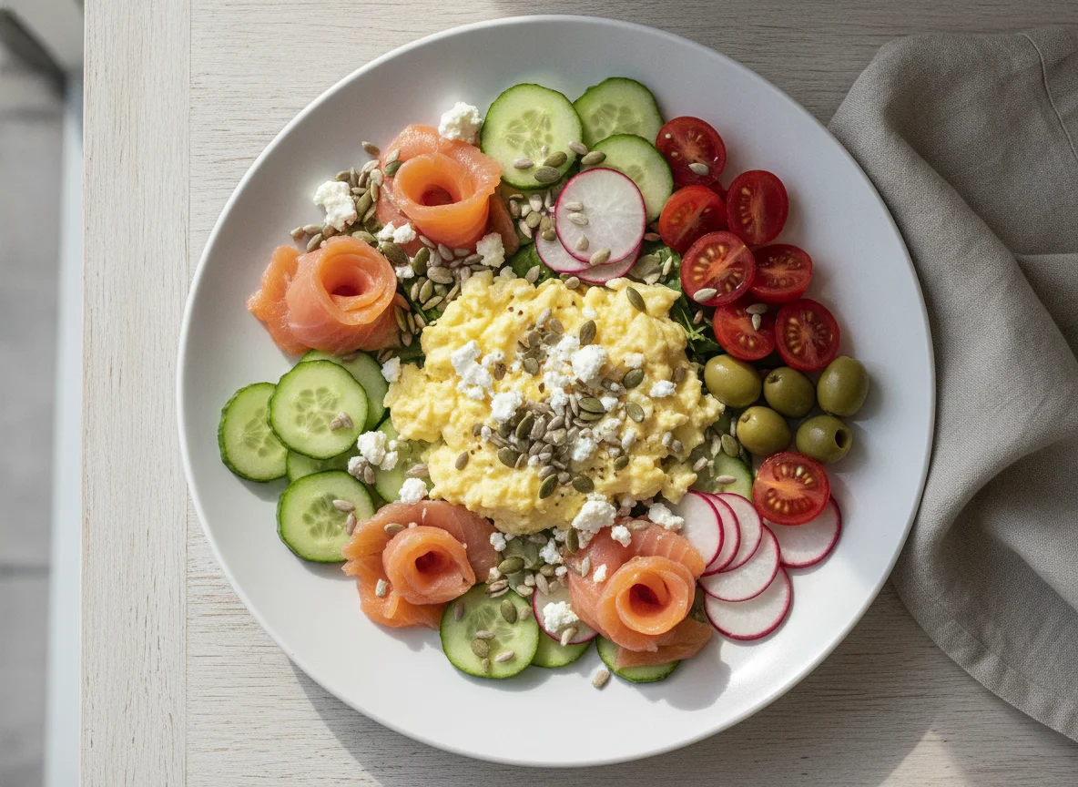 Breakfast Salad with Scrambled Eggs and Feta photo