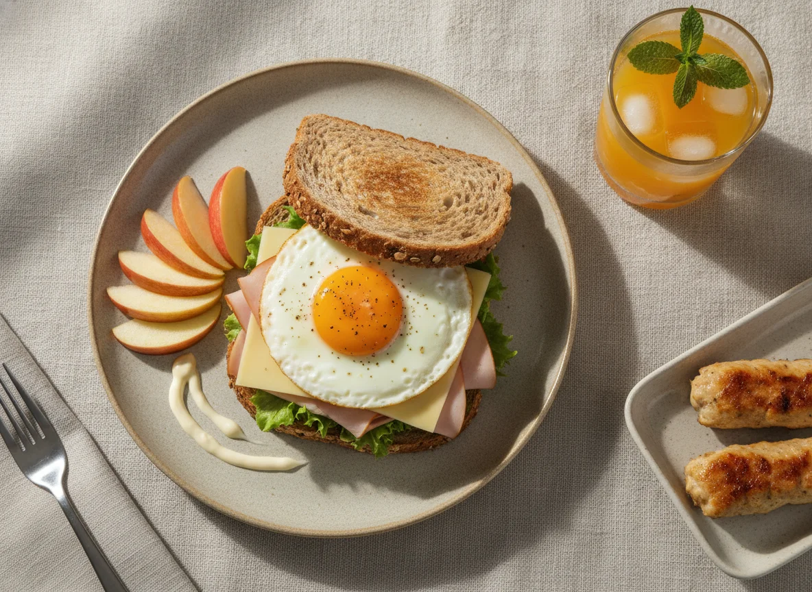 Breakfast sandwich with apple, poultry stick and juice photo