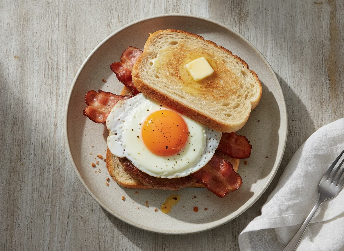 Breakfast sandwich with egg, bacon, and sausage photo