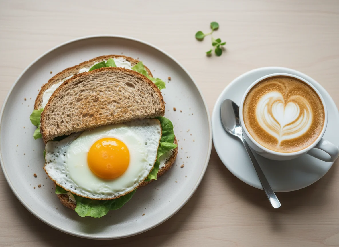 Breakfast sandwich with fried egg and coffee photo