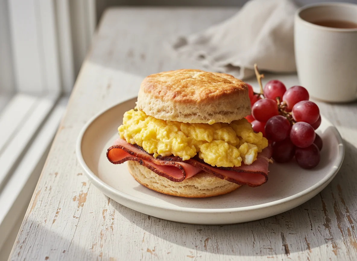 Breakfast Sandwich with Grapes photo
