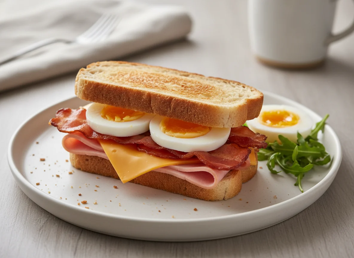 Breakfast sandwich with hard-boiled eggs photo
