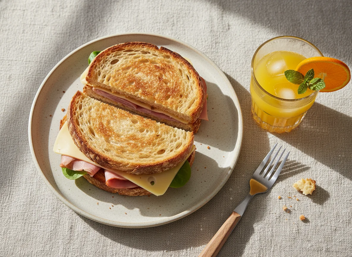 Breakfast sandwich with orange juice photo