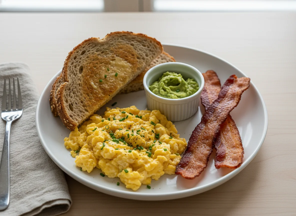 Breakfast Scramble with Toast and Bacon photo