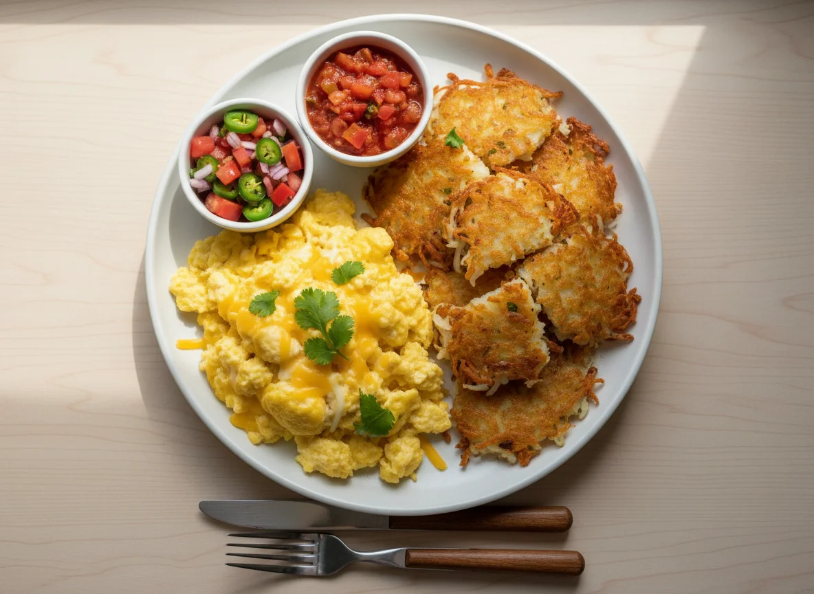 Breakfast Scrambled Eggs with Hash Browns and Salsa photo