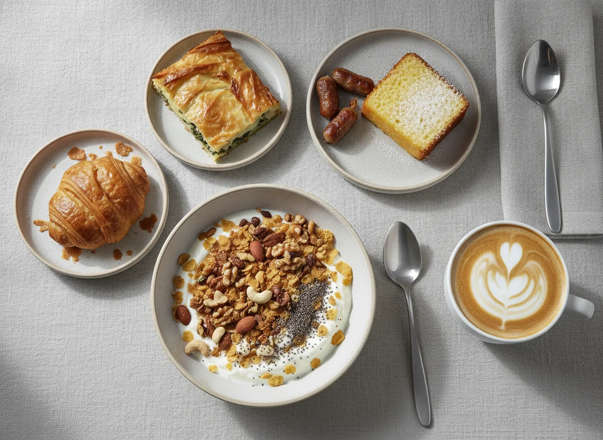 Breakfast selection with pastries, yogurt bowl and coffee photo