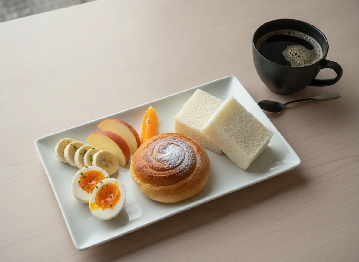 Breakfast set with eggs, fruit, bread and coffee photo