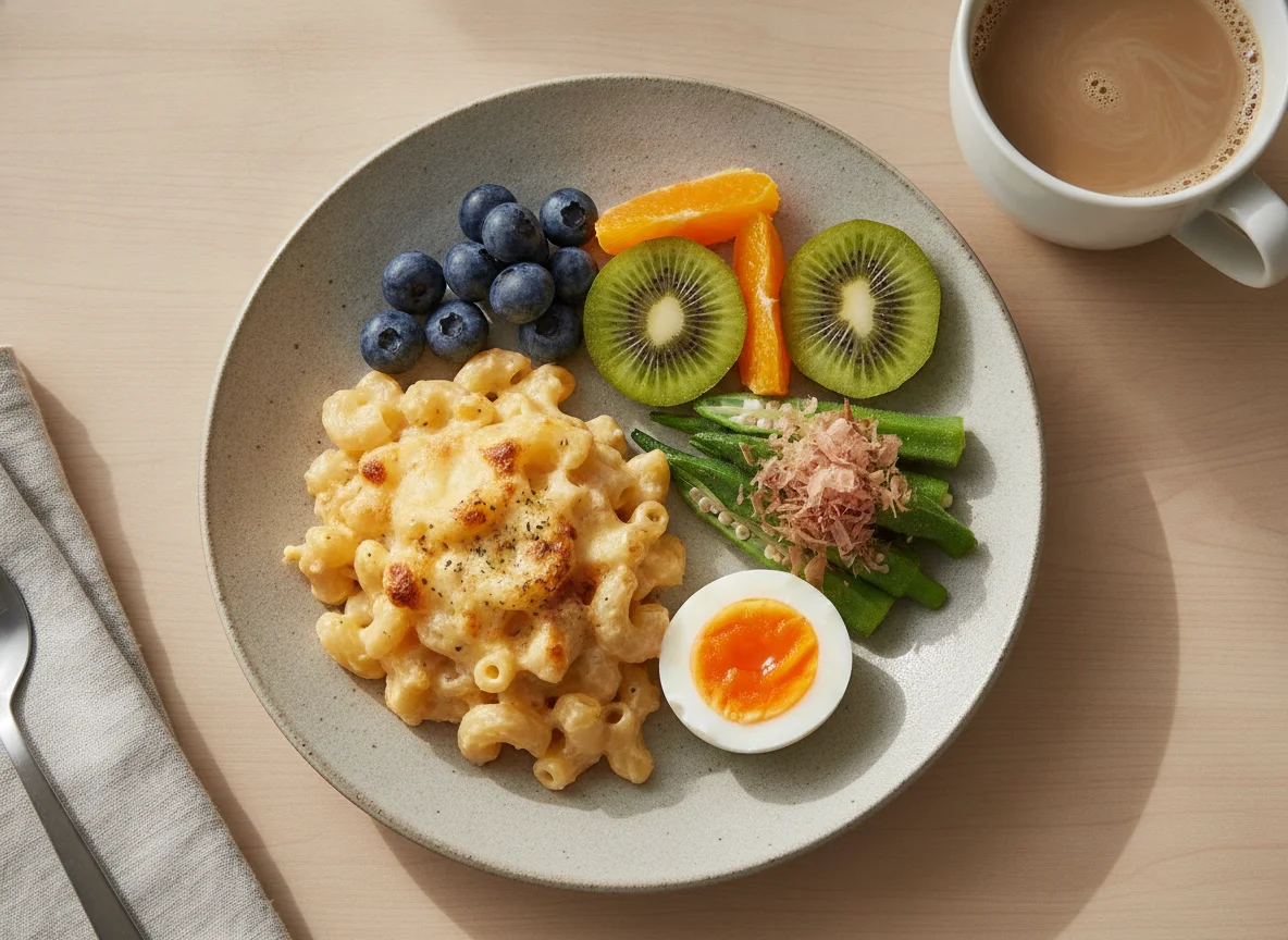 Breakfast set with macaroni, fruit, eggs, and okra photo