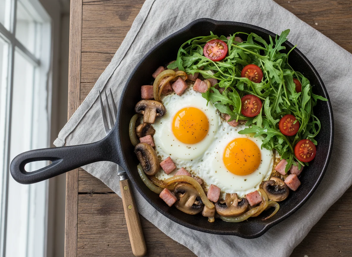 Breakfast Skillet with Eggs and Arugula photo