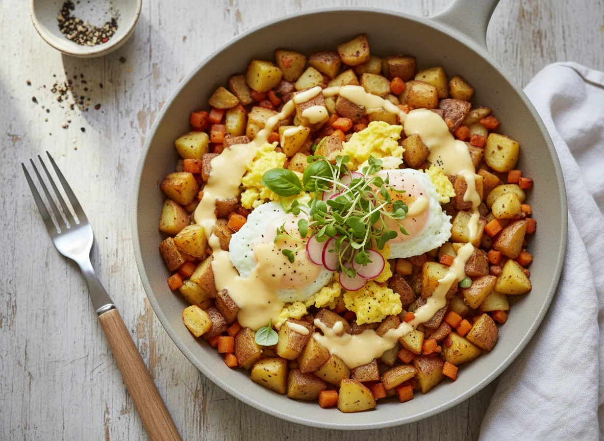 Breakfast Skillet with Eggs and Hollandaise photo