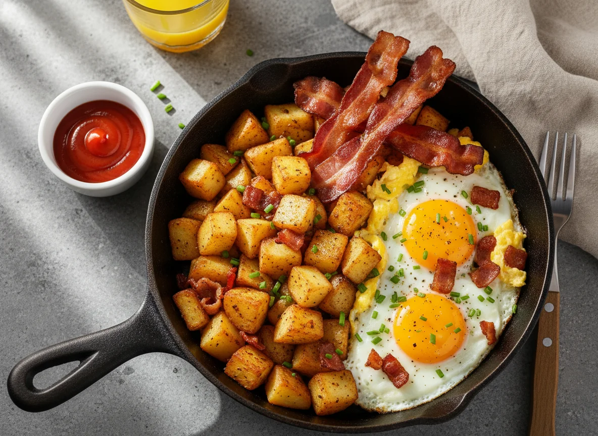 Breakfast Skillet with Potatoes, Eggs, and Bacon photo