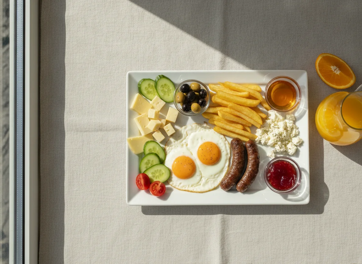 Breakfast spread with eggs, sausages, fries, cheese, and vegetables photo
