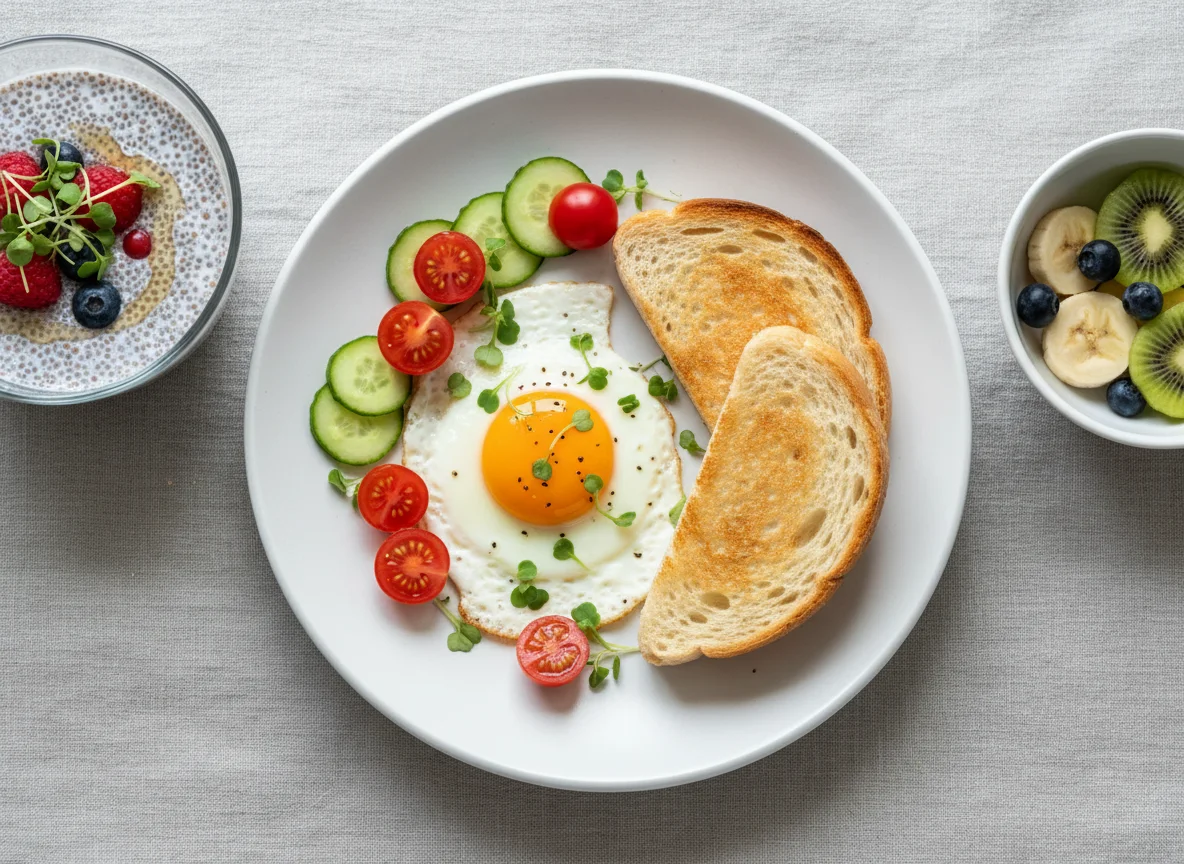 Breakfast spread with eggs, toast, and chia pudding photo