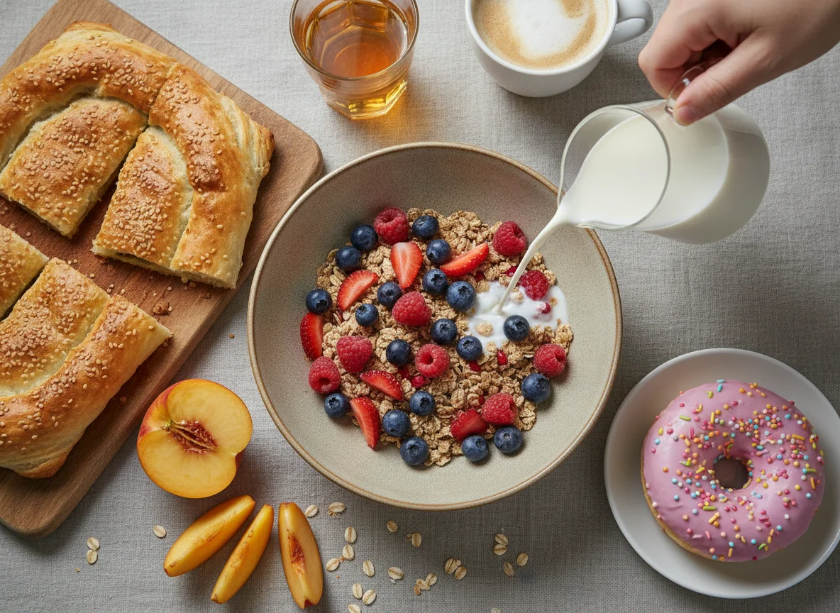 Breakfast spread with muesli, pastry, and donut photo