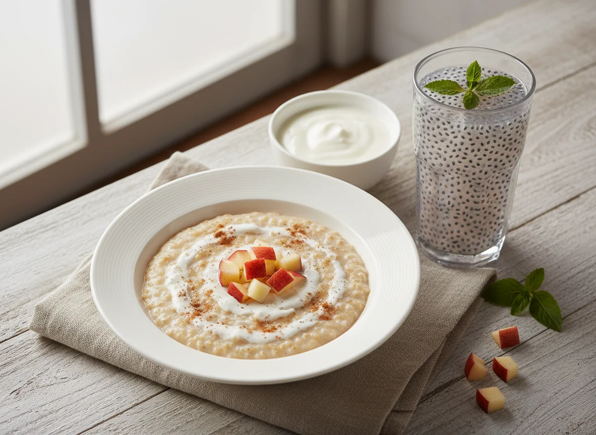 Breakfast spread with oatmeal, yogurt, fruit, and basil seed drink photo