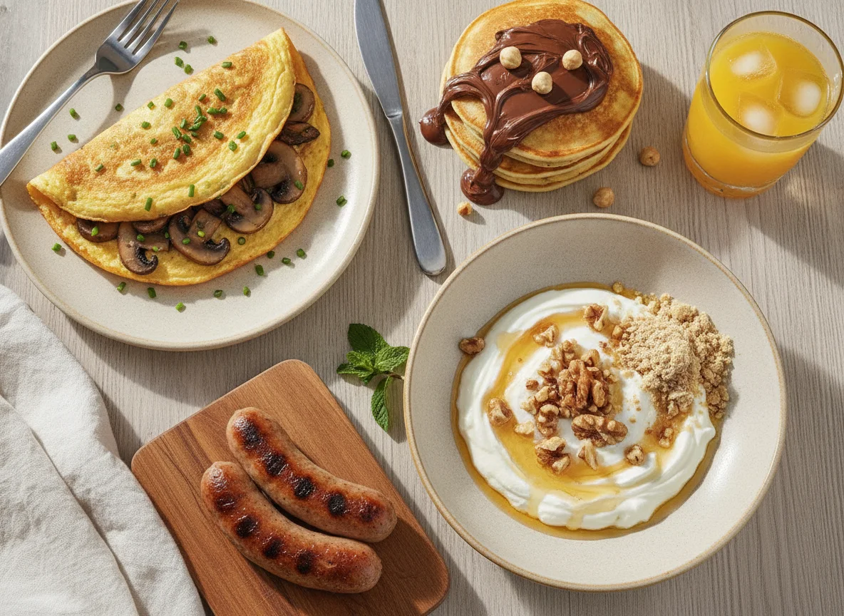 Breakfast spread with omelette, pancakes, sausages, and yogurt photo