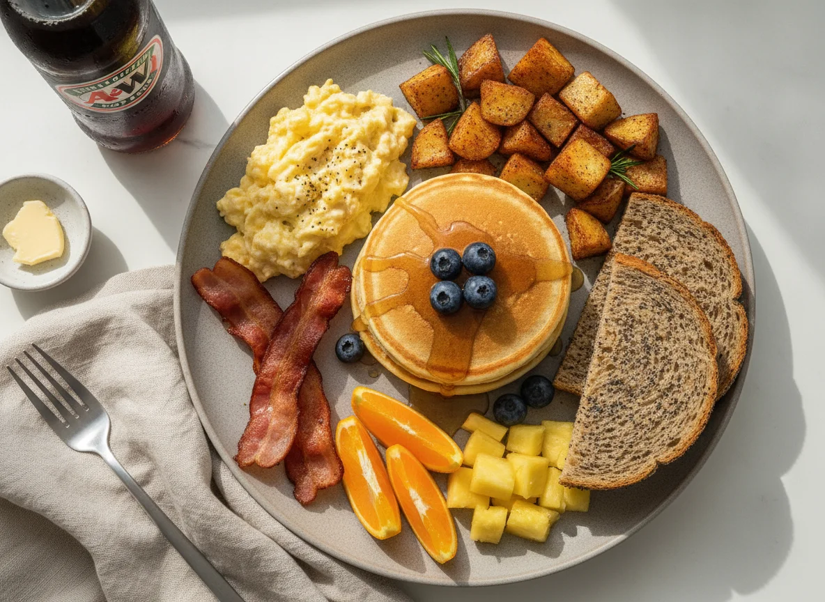 Breakfast spread with pancakes, fruit, eggs, bacon, and potatoes photo