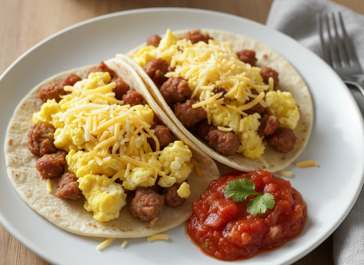 Breakfast Taco with Sausage, Eggs, Cheese, and Salsa photo