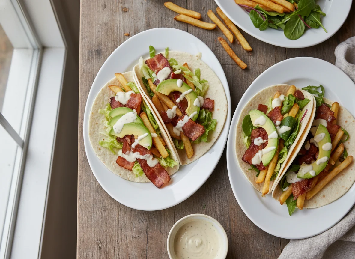 Breakfast Tacos with Bacon, Fries, Avocado, and Lettuce photo