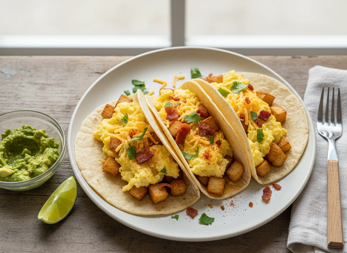 Breakfast Tacos with Scrambled Eggs, Potatoes, and Cheese photo