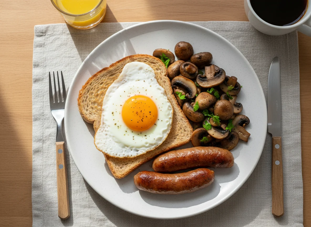 Breakfast Toast with Egg, Sausage and Mushrooms photo