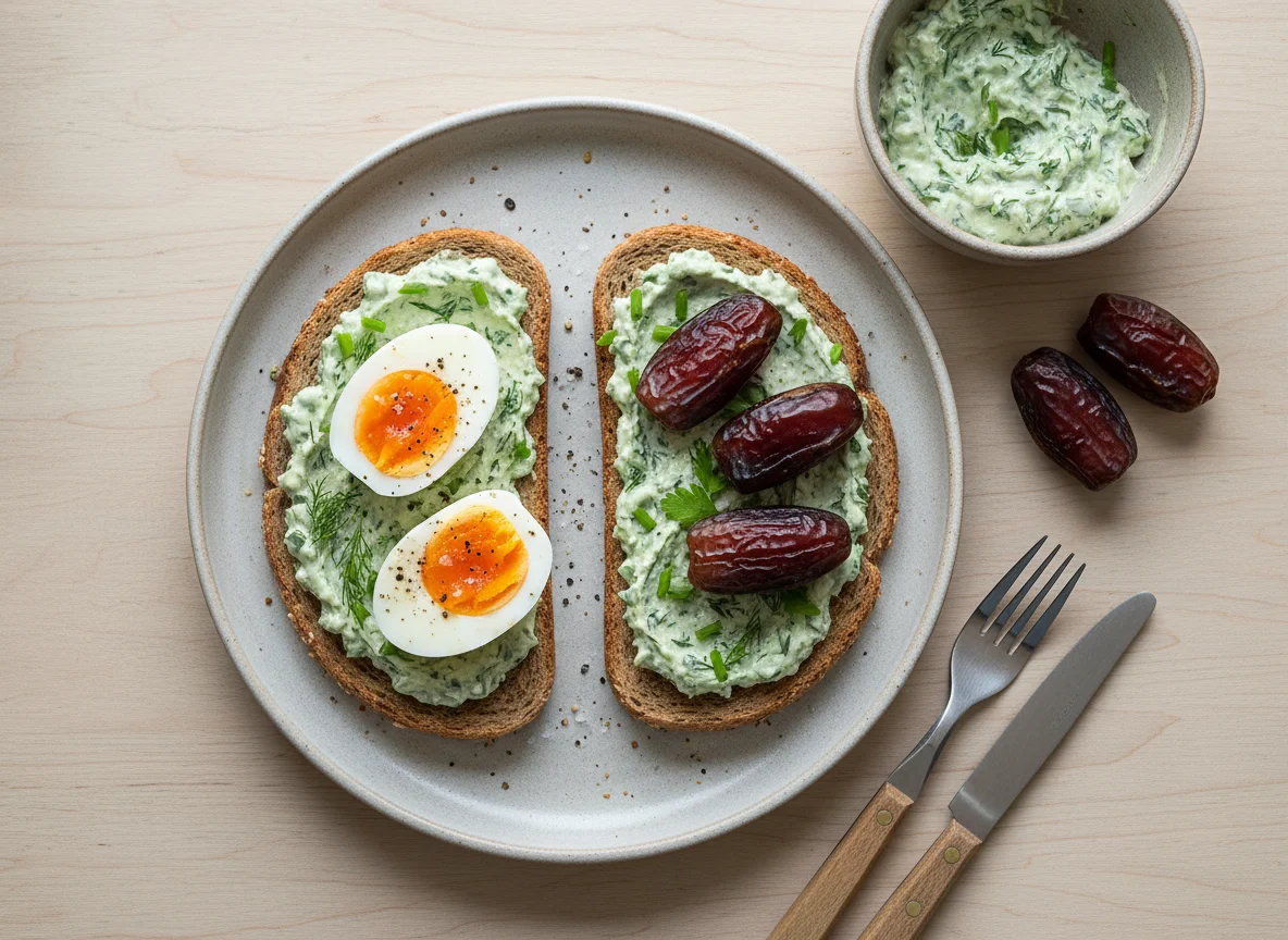 Breakfast Toast with Eggs and Dates photo