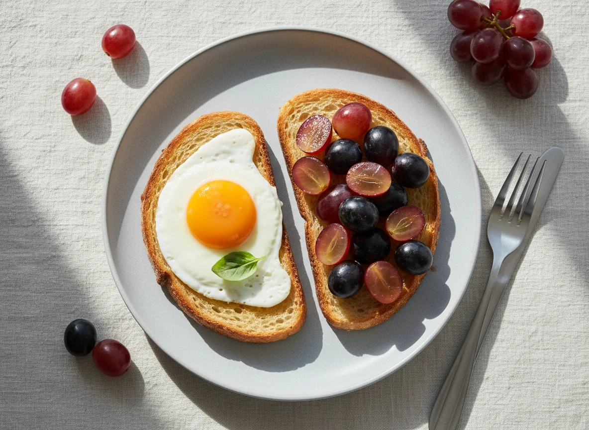 Breakfast Toast with Eggs and Grapes photo