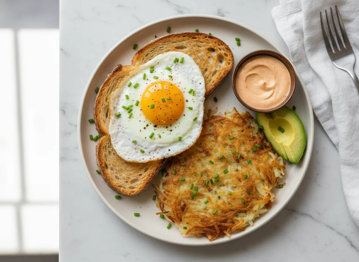 Breakfast Toast with Eggs and Hash Browns photo