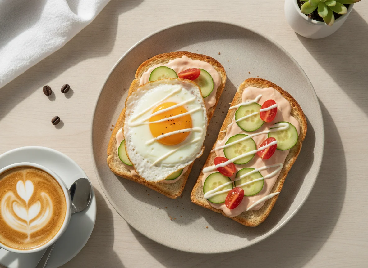 Breakfast Toast with Fried Egg, Cucumber, and Coffee photo