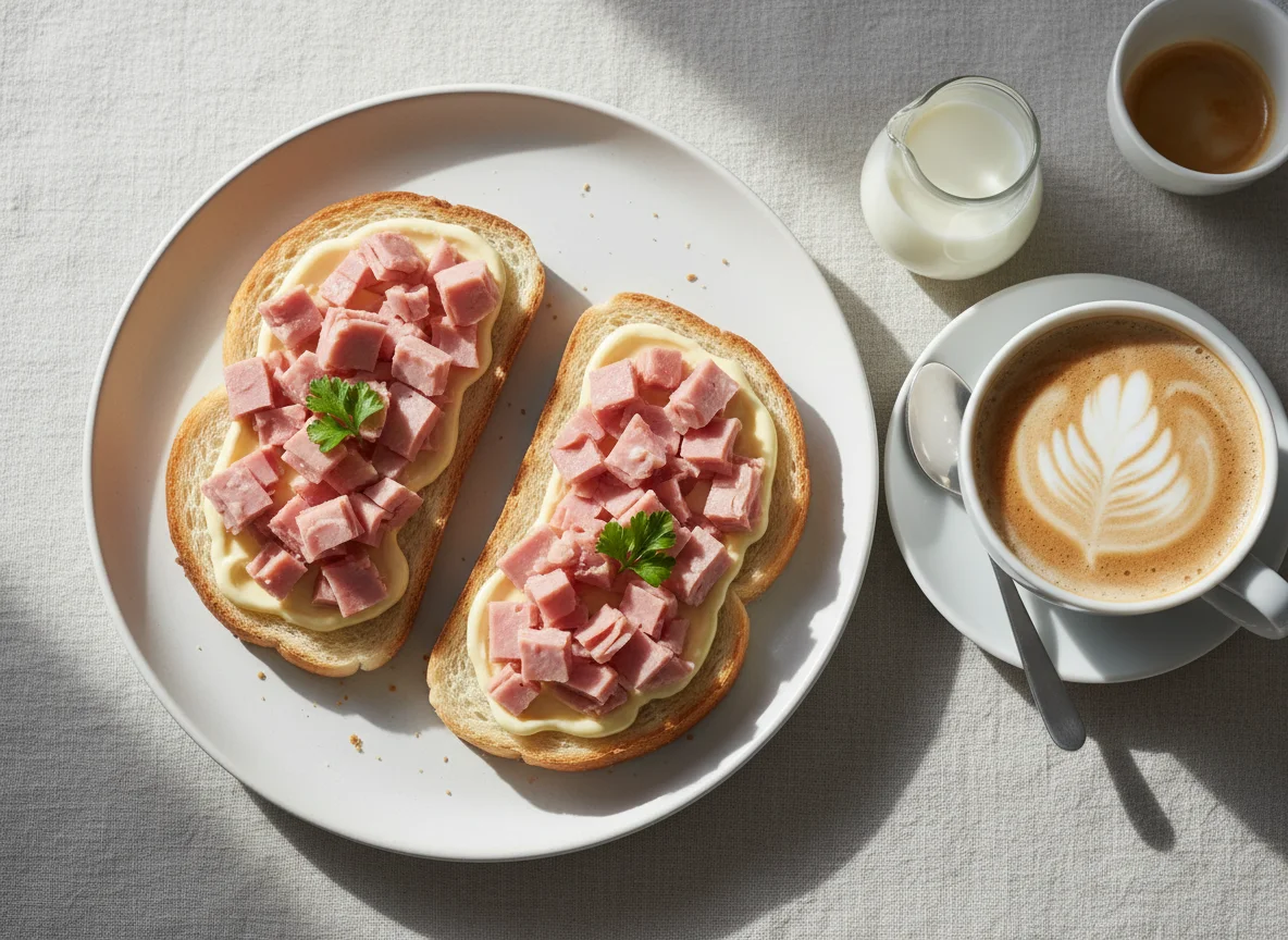 Breakfast Toast with Mortadella and Coffee photo