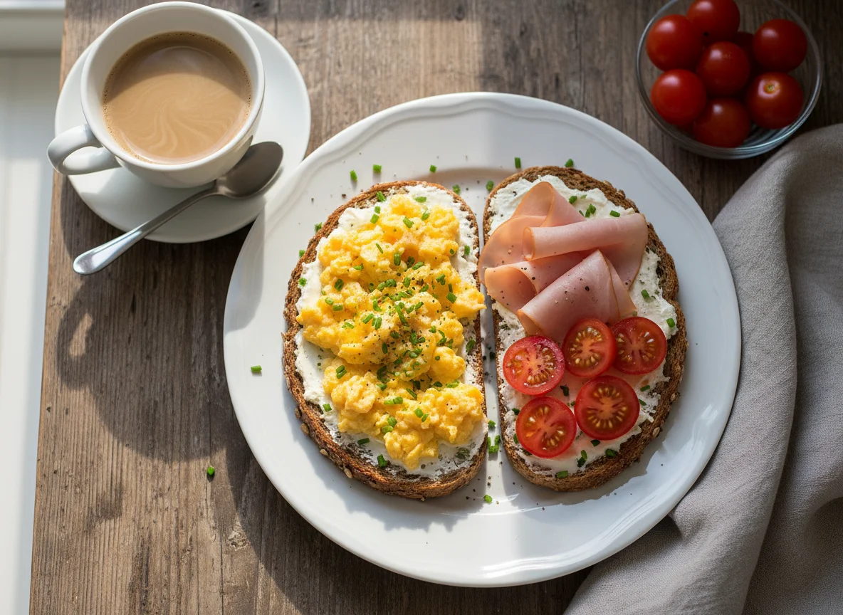 Breakfast Toasts with Ham, Egg, and Tomato photo