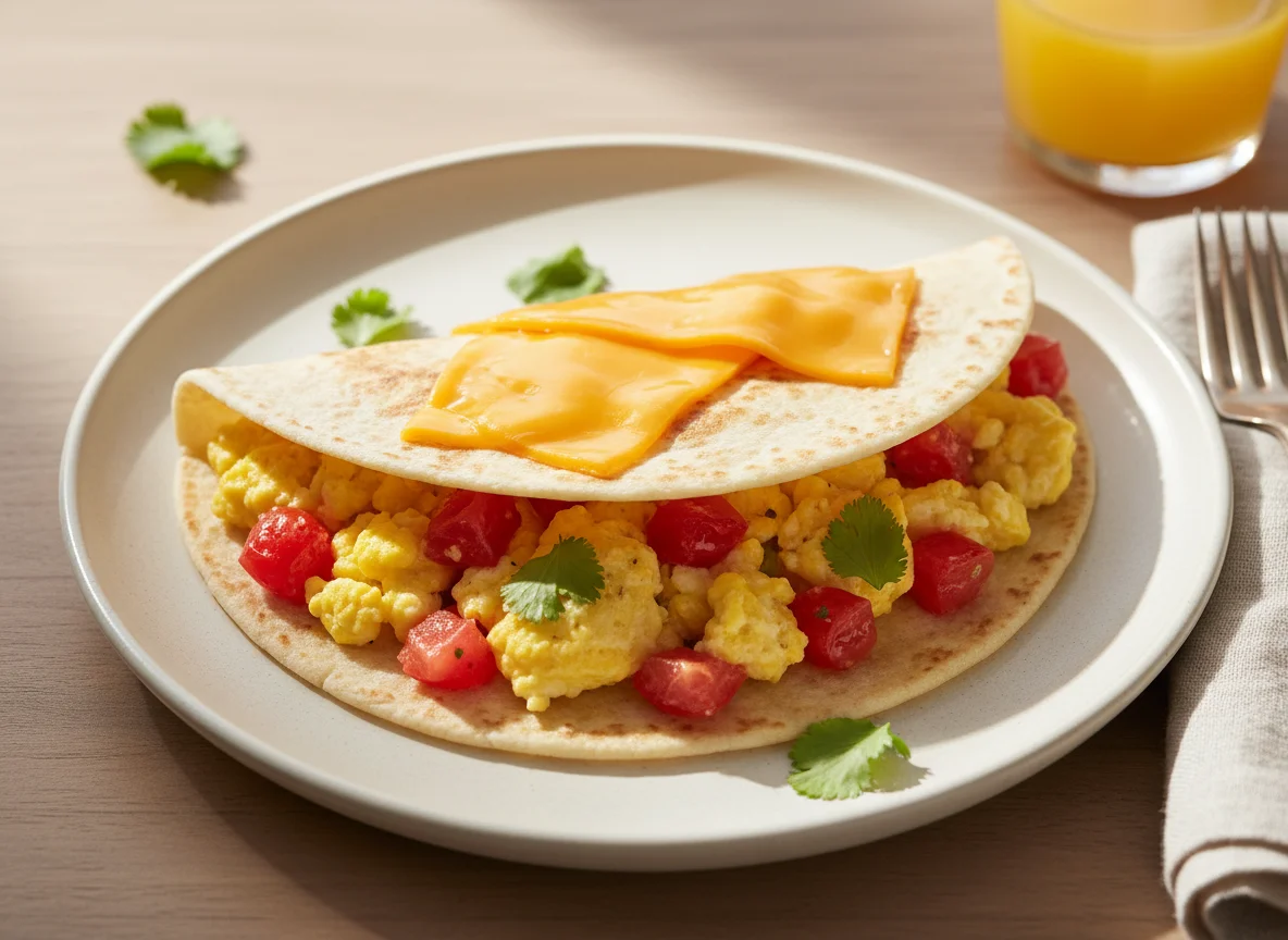 Breakfast Tortilla with Eggs, Tomatoes, and Cheese photo
