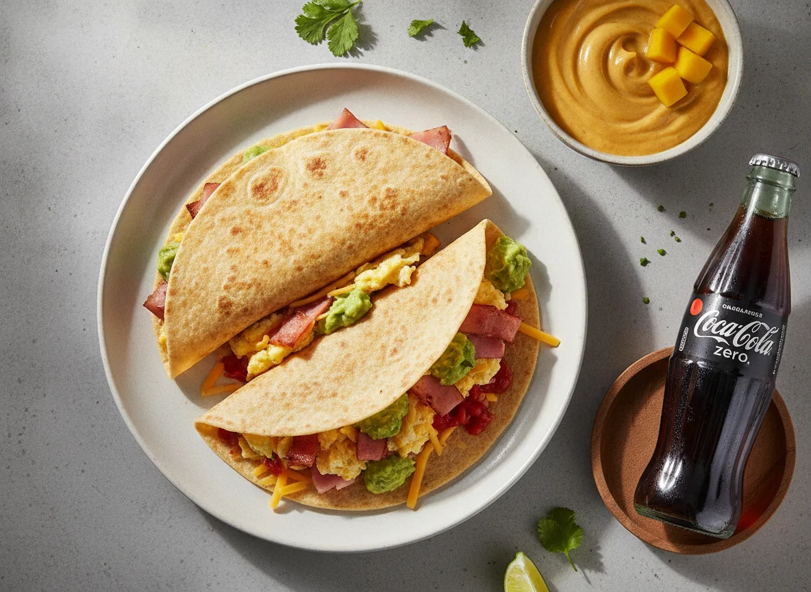 Breakfast tortilla with mango protein yogurt and sugar-free soda photo