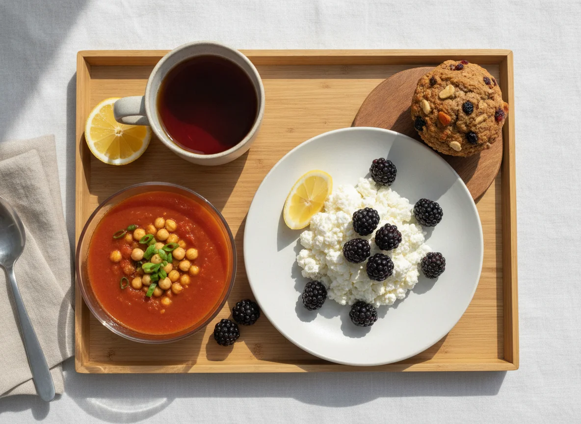 Breakfast tray with cottage cheese, soup, and muffin photo