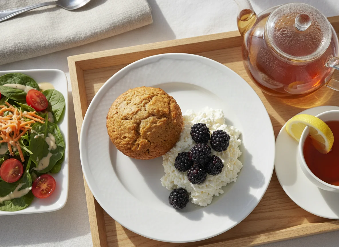 Breakfast tray with muffin, cottage cheese, berries, and side salad photo