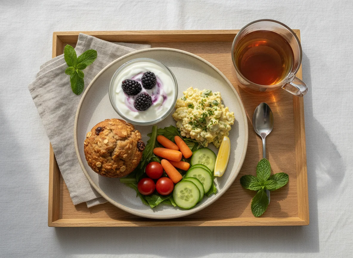 Breakfast tray with muffin, yogurt, and salad photo