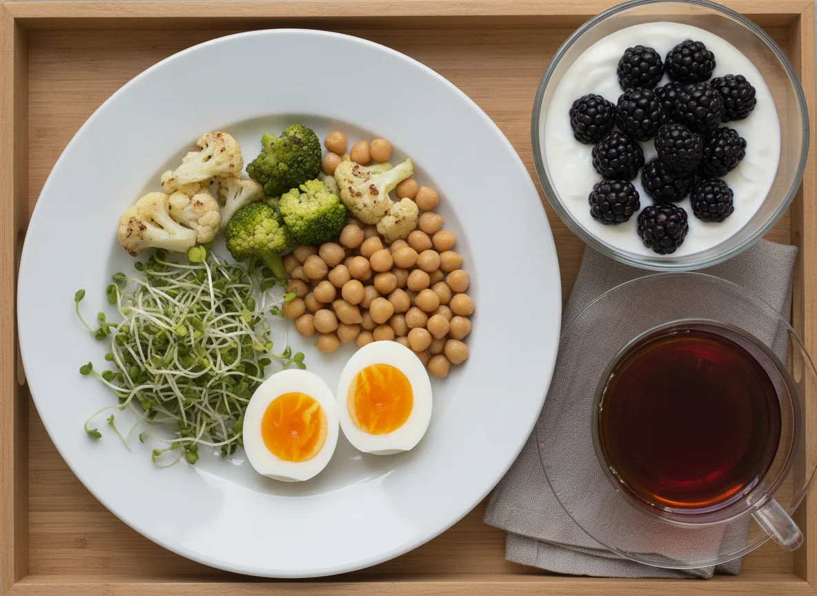 Breakfast tray with salad, eggs, yogurt, and berries photo
