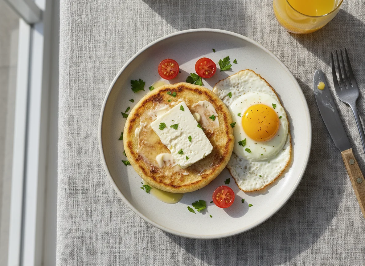 Breakfast with Arepa, Cheese, and Egg photo