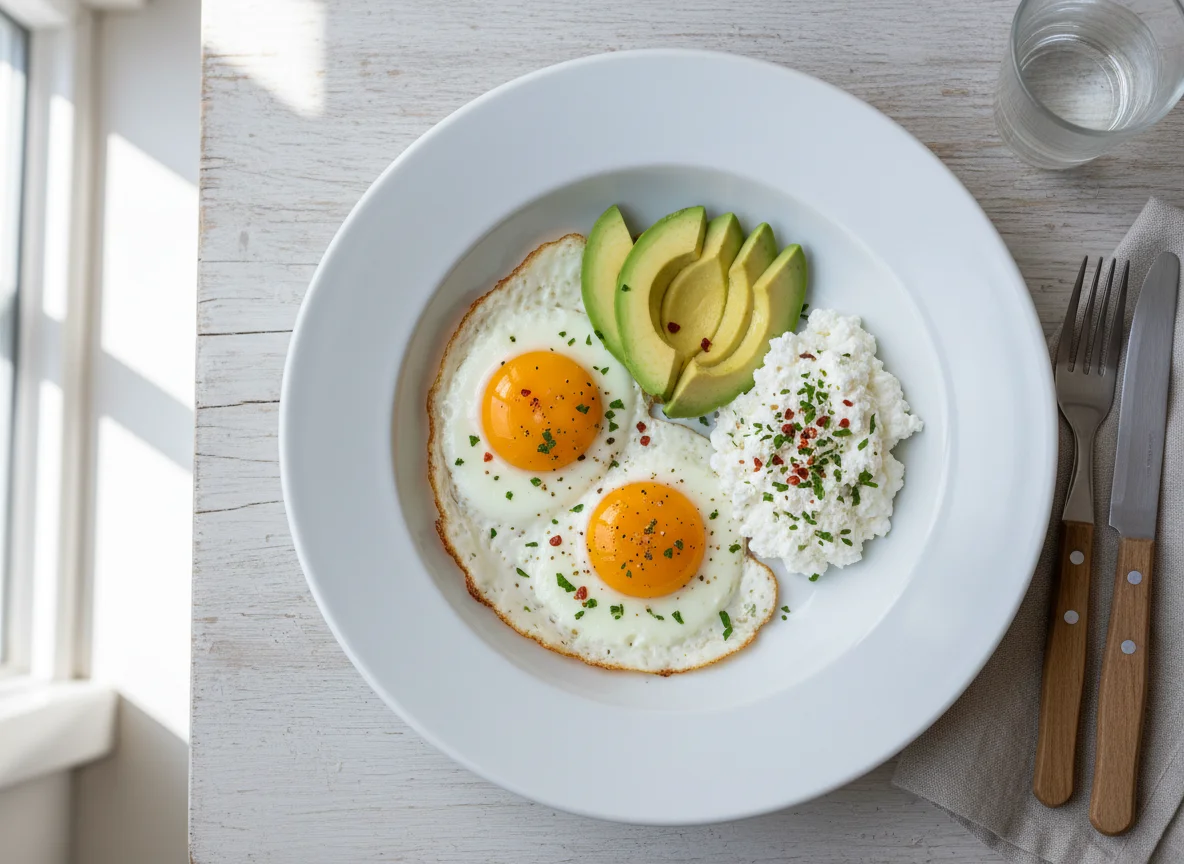 Breakfast with avocado, eggs, and cottage cheese photo
