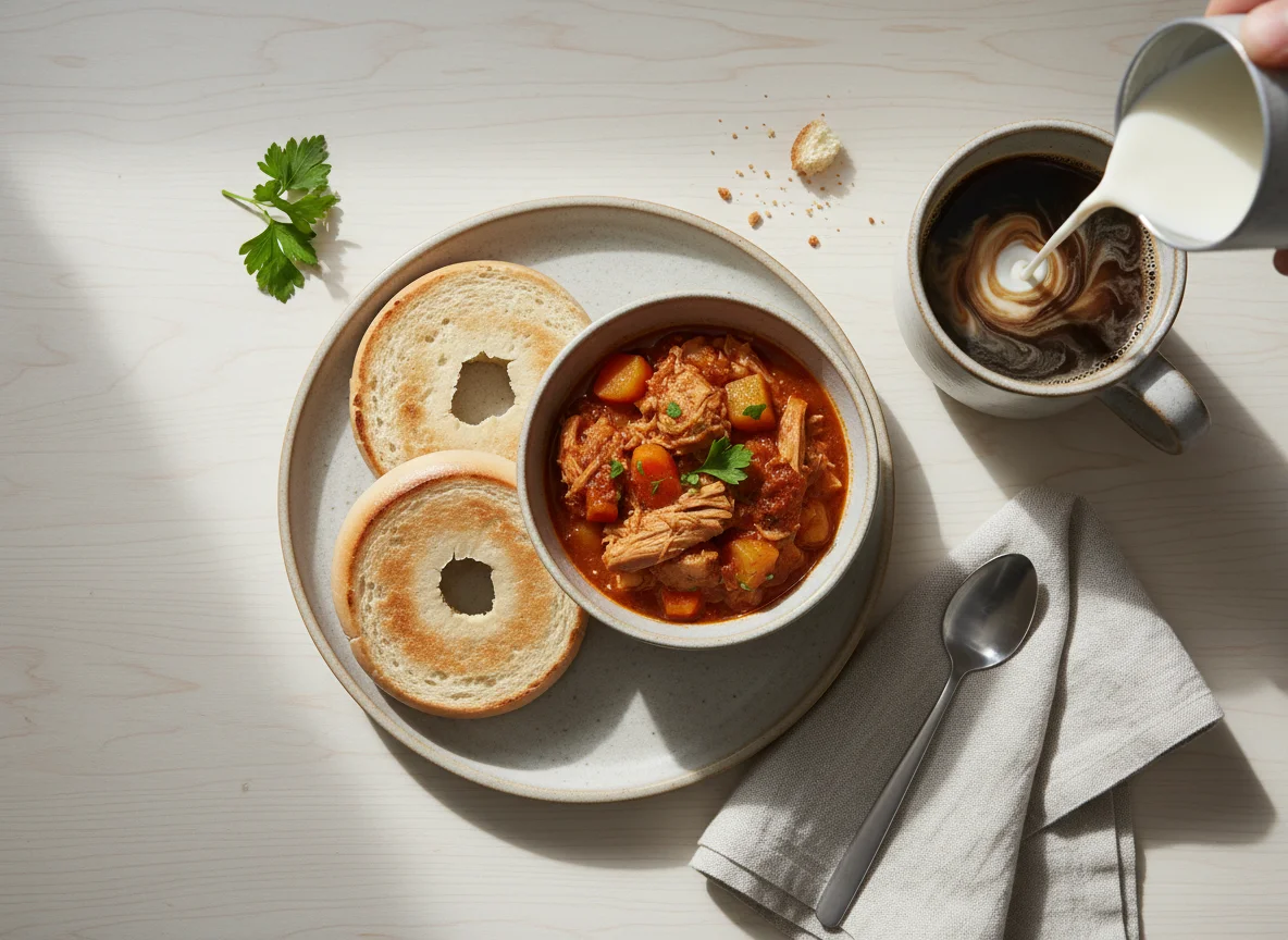 Breakfast with Bagels, Stew, and Coffee photo