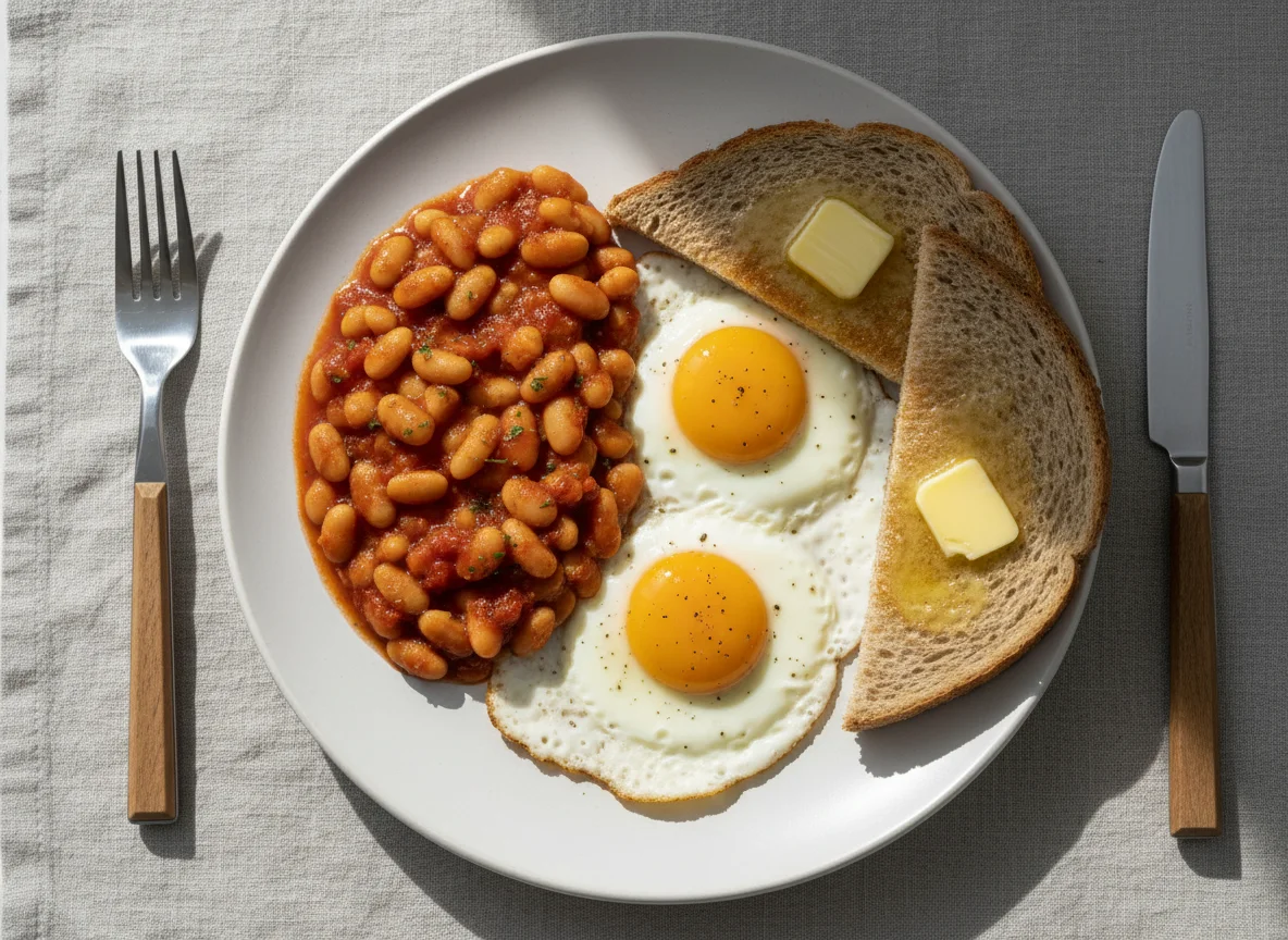 Breakfast with Baked Beans, Fried Eggs, and Toast photo