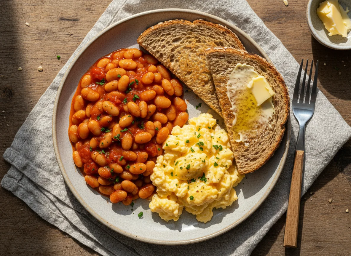 Breakfast with Baked Beans, Scrambled Eggs, and Toast photo