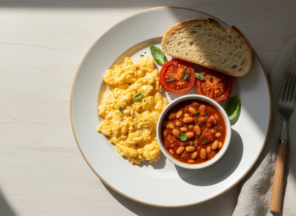 Breakfast with Baked Beans, Scrambled Eggs, and Tomatoes photo