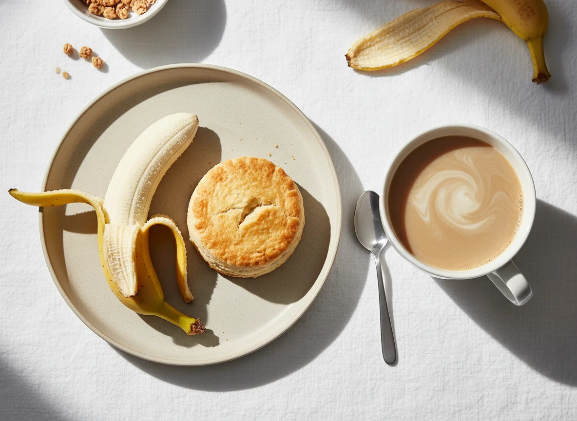 Breakfast with Banana, Biscuit, and Coffee photo