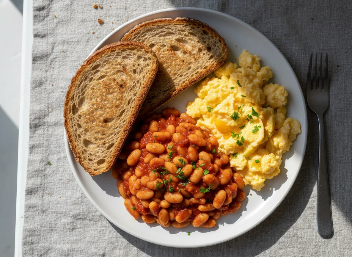 Breakfast with Beans, Egg, and Toast photo