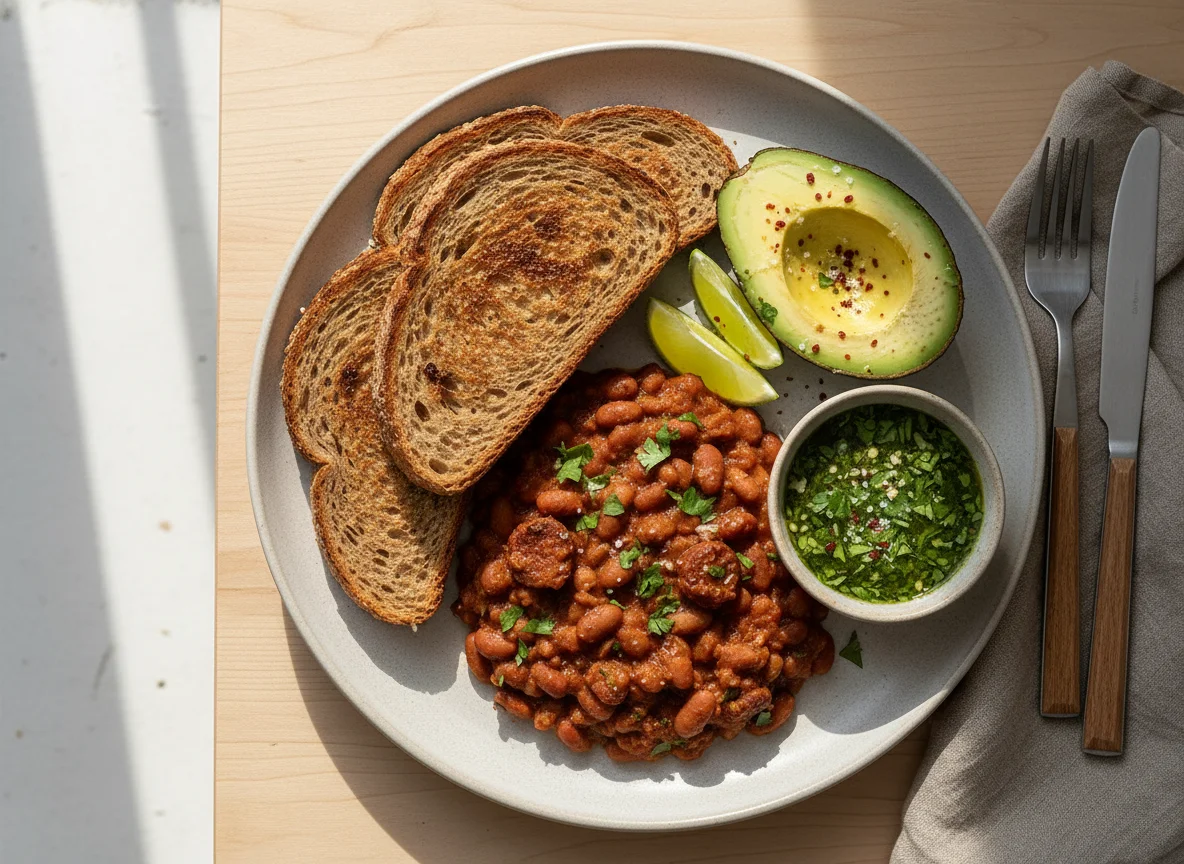 Breakfast with Beans, Toast, and Avocado photo